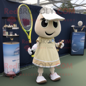 Cream Tennis Racket mascot costume character dressed with a Shift Dress and Messenger bags