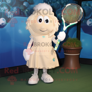 Cream Tennis Racket mascot costume character dressed with a Shift Dress and Messenger bags