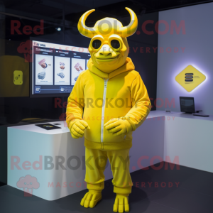 Lemon Yellow Minotaur mascot costume character dressed with a Hoodie and Pocket squares
