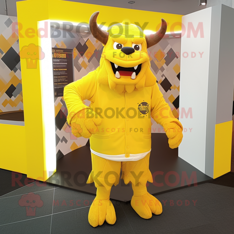 Lemon Yellow Minotaur mascot costume character dressed with a Hoodie and Pocket squares