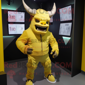 Lemon Yellow Minotaur mascot costume character dressed with a Hoodie and Pocket squares