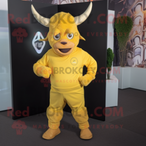 Lemon Yellow Minotaur mascot costume character dressed with a Hoodie and Pocket squares