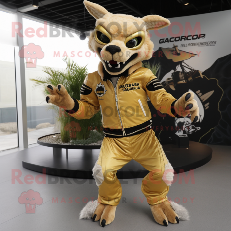 Gold Chupacabra mascot costume character dressed with a Moto Jacket and Clutch bags Gold Chupacabra mascot costume character dressed with a Moto Jacket and Clutch bags