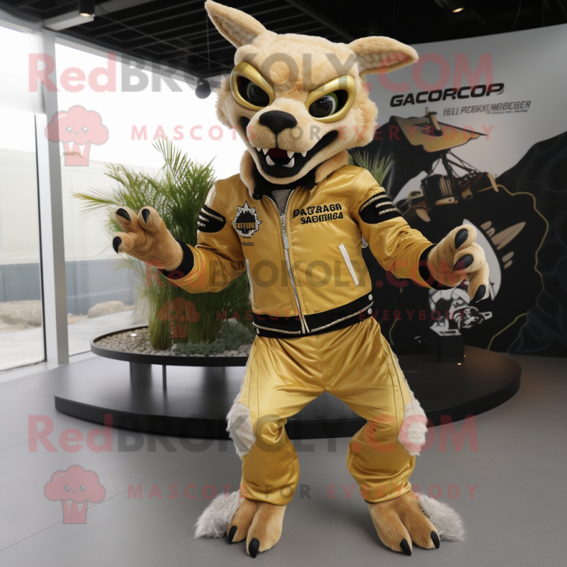 Gold Chupacabra mascot costume character dressed with a Moto Jacket and Clutch bags