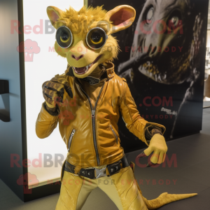 Gold Chupacabra mascot costume character dressed with a Moto Jacket and Clutch bags