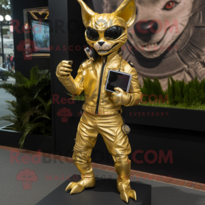Gold Chupacabra mascot costume character dressed with a Moto Jacket and Clutch bags