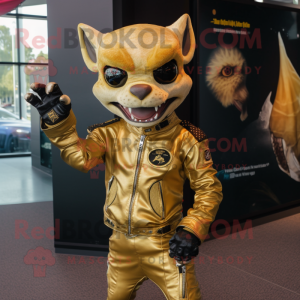 Gold Chupacabra mascot costume character dressed with a Moto Jacket and Clutch bags