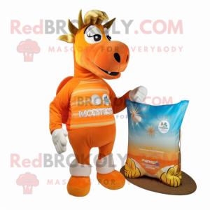 Orange Quagga mascot costume character dressed with a Board Shorts and Coin purses