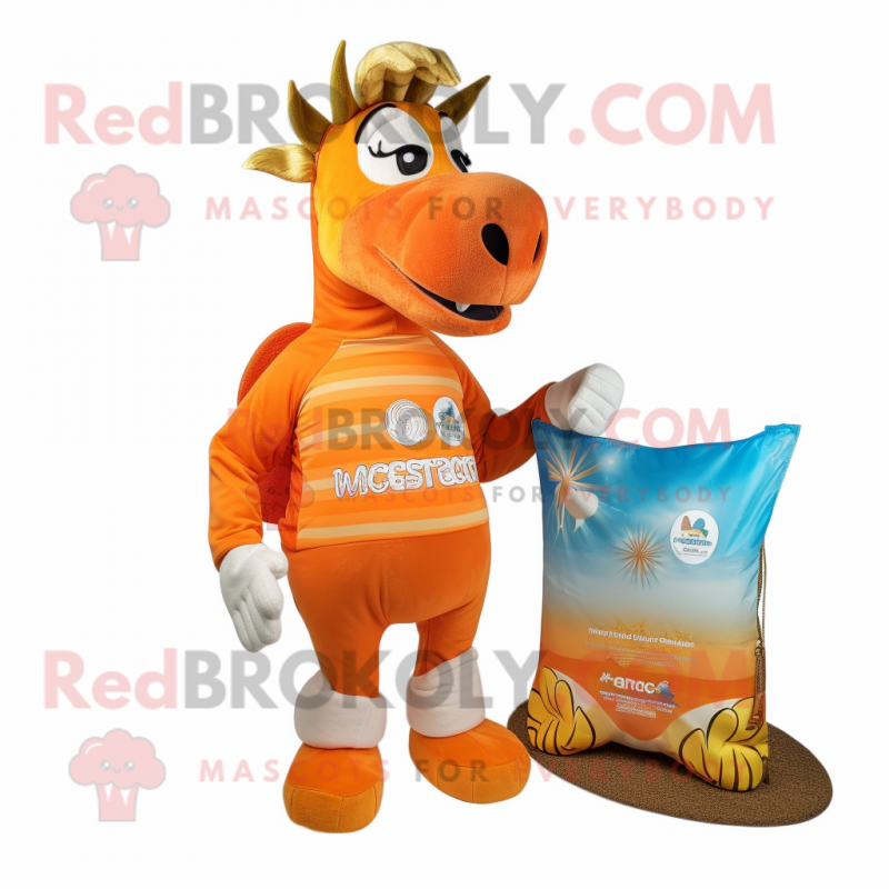 Orange Quagga mascot costume character dressed with a Board Shorts and Coin purses Orange Quagga mascot costume character dressed with a Board Shorts and Coin purses