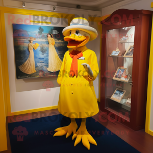 Yellow Muscovy Duck mascot costume character dressed with a Sheath Dress and Hat pins