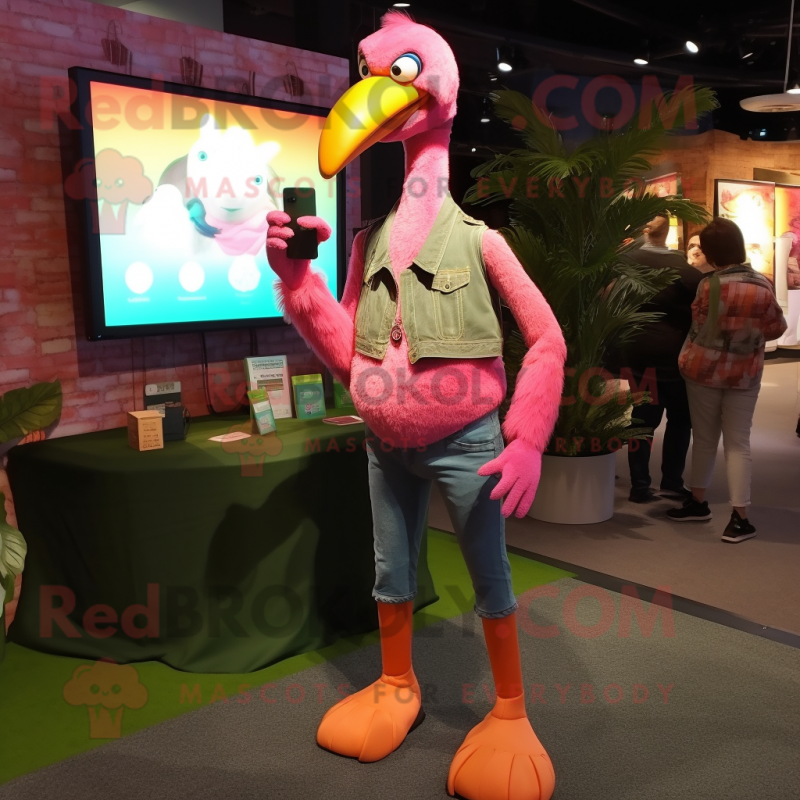 Olive Flamingo mascot costume character dressed with a Skinny Jeans and Rings