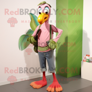 Olive Flamingo mascot costume character dressed with a Skinny Jeans and Rings