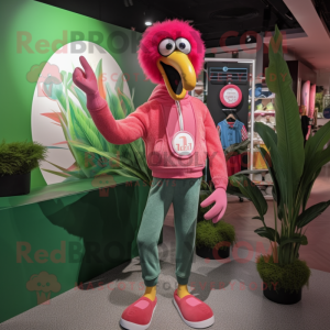 Olive Flamingo mascot costume character dressed with a Skinny Jeans and Rings