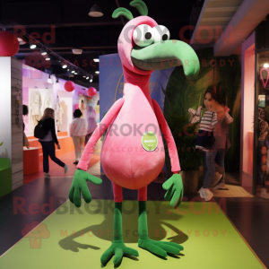 Olive Flamingo mascot costume character dressed with a Skinny Jeans and Rings