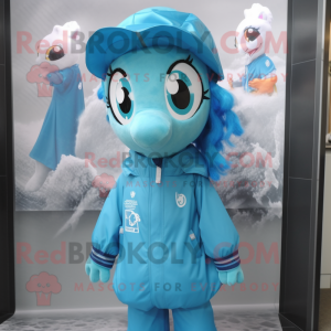 Cyan Mare mascot costume character dressed with a Raincoat and Beanies