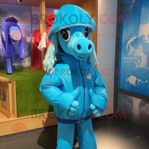 Cyan Mare mascot costume character dressed with a Raincoat and Beanies