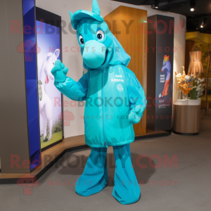 Cyan Mare mascot costume character dressed with a Raincoat and Beanies