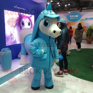 Cyan Mare mascot costume character dressed with a Raincoat and Beanies