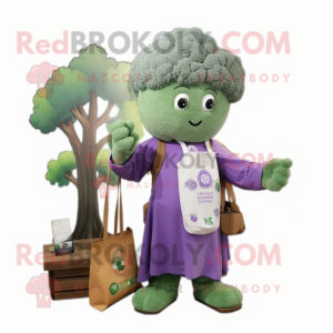 Lavender Broccoli mascot costume character dressed with a Cardigan and Tote bags