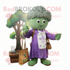 Lavender Broccoli mascot costume character dressed with a Cardigan and Tote bags