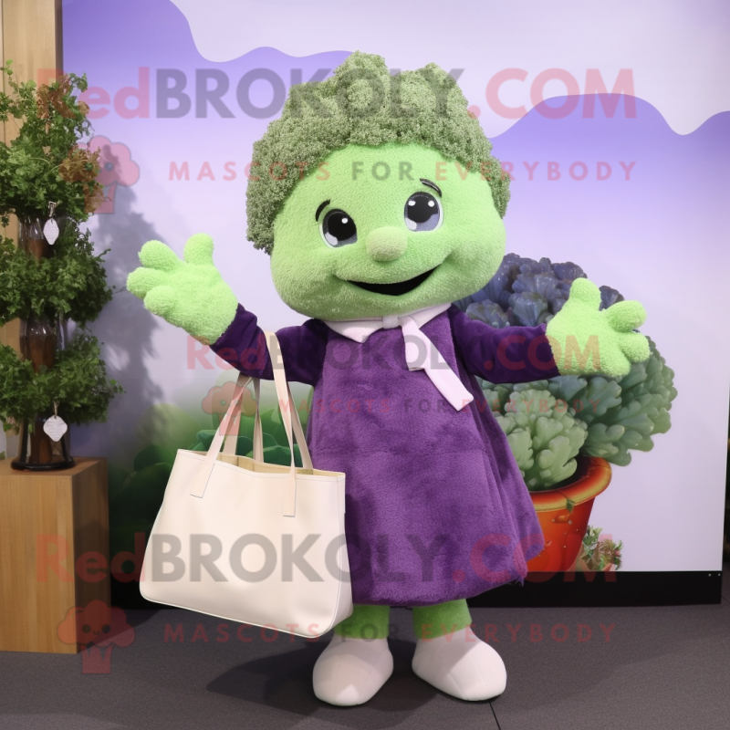 Lavender Broccoli mascot costume character dressed with a Cardigan and Tote bags Lavender Broccoli mascot costume character dressed with a Cardigan and Tote bags