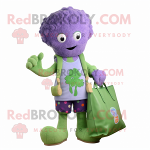 Lavender Broccoli mascot costume character dressed with a Cardigan and Tote bags