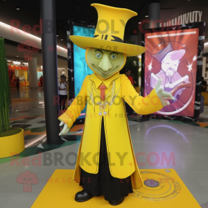 Yellow Magician mascot costume character dressed with a Long Sleeve Tee and Coin purses