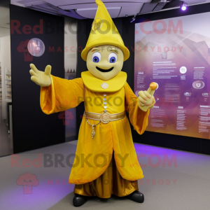 Yellow Magician mascot costume character dressed with a Long Sleeve Tee and Coin purses