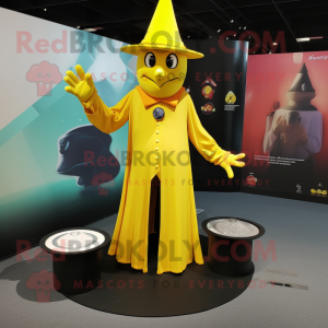 Yellow Magician mascot costume character dressed with a Long Sleeve Tee and Coin purses