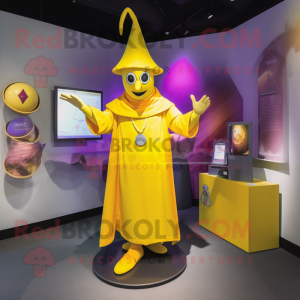 Yellow Magician mascot costume character dressed with a Long Sleeve Tee and Coin purses