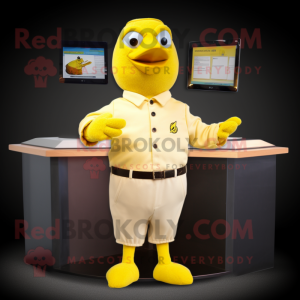 Beige Canary mascot costume character dressed with a Polo Tee and Cufflinks