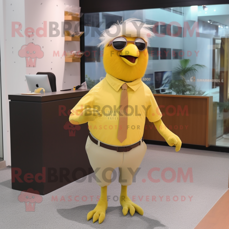 Beige Canary mascot costume character dressed with a Polo Tee and Cufflinks