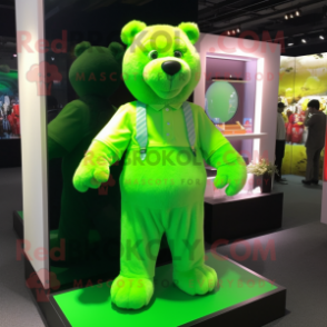 Lime Green Teddy Bear mascot costume character dressed with a Culottes and Lapel pins
