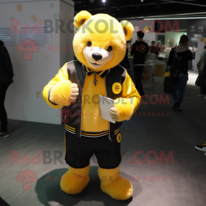 Lemon Yellow Bear mascot costume character dressed with a Leather Jacket and Wallets