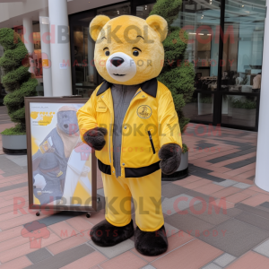 Lemon Yellow Bear mascot costume character dressed with a Leather Jacket and Wallets