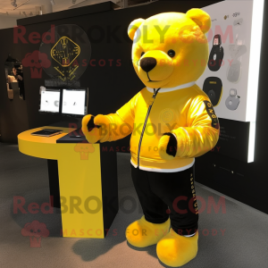 Lemon Yellow Bear mascot costume character dressed with a Leather Jacket and Wallets