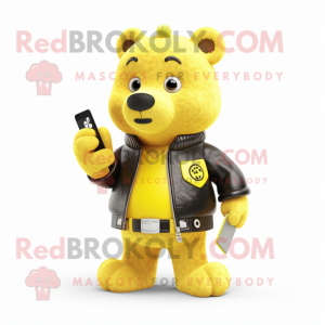 Lemon Yellow Bear mascot costume character dressed with a Leather Jacket and Wallets