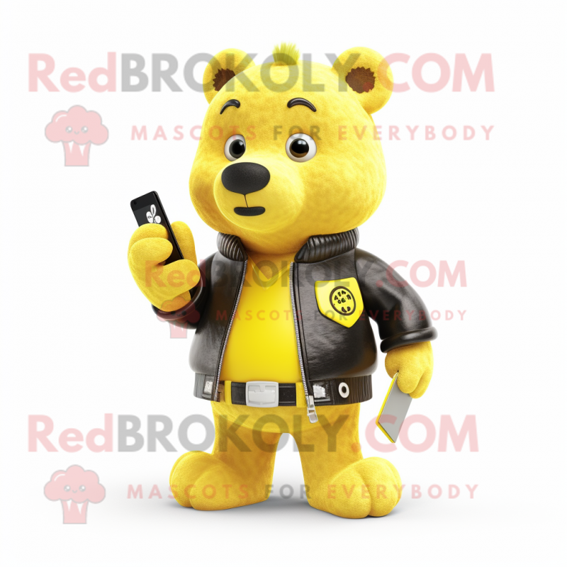 Lemon Yellow Bear mascot costume character dressed with a Leather Jacket and Wallets