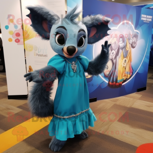 Sky Blue Aye-Aye mascot costume character dressed with a Midi Dress and Shawls