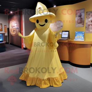 Gold Ghost mascot costume character dressed with a Maxi Skirt and Hats
