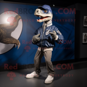 Navy Velociraptor mascot costume character dressed with a Bomber Jacket and Shoe laces