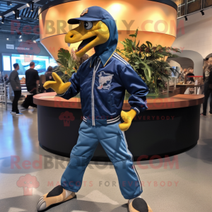 Navy Velociraptor mascot costume character dressed with a Bomber Jacket and Shoe laces