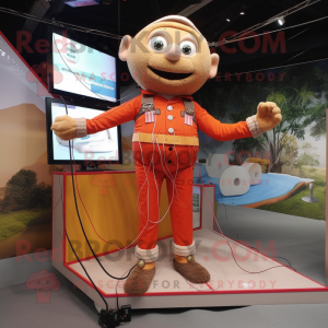 Orange Tightrope Walker mascot costume character dressed with a Corduroy Pants and Digital watches