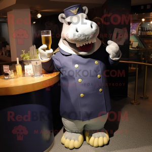 Navy Hippopotamus mascot costume character dressed with a Cocktail Dress and Rings