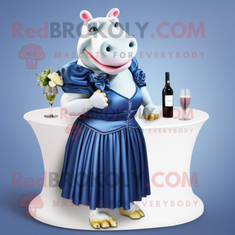 Navy Hippopotamus mascot costume character dressed with a Cocktail Dress and Rings Navy Hippopotamus mascot costume character dressed with a Cocktail Dress and Rings