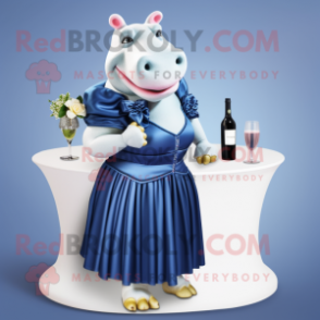 Navy Hippopotamus mascot costume character dressed with a Cocktail Dress and Rings