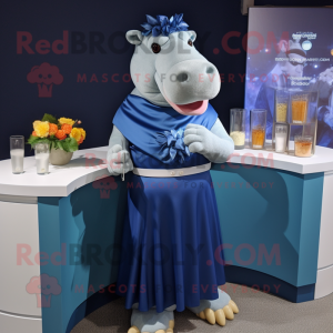 Navy Hippopotamus mascot costume character dressed with a Cocktail Dress and Rings