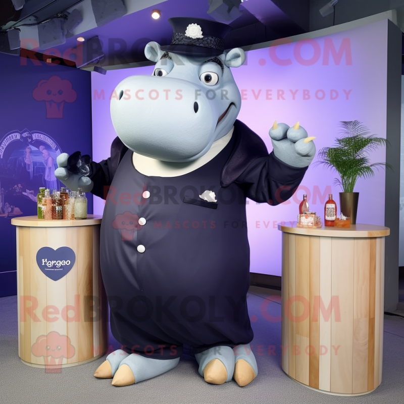 Navy Hippopotamus mascot costume character dressed with a Cocktail Dress and Rings