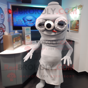 Silver Fried Calamari mascot costume character dressed with a Turtleneck and Beanies