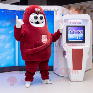 Maroon Ice Cream mascot costume character dressed with a Sweatshirt and Digital watches